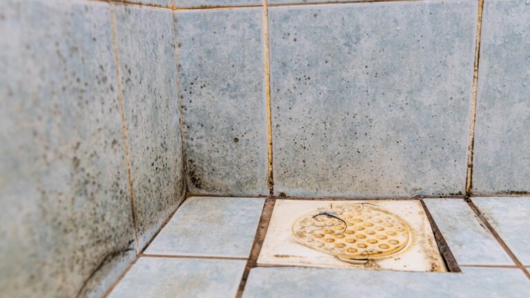 Brudne fugi w łazience przed czyszczeniem – osady, wilgoć i pleśń